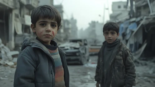 Two Young Children in Devastated Urban Rubble Environment.