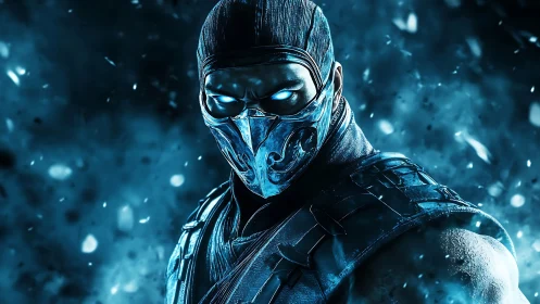Masked ice warrior stands in swirling blue froststorm