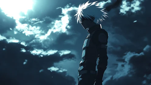 Backlit masked fighter in stylized nocturnal storm sky scene