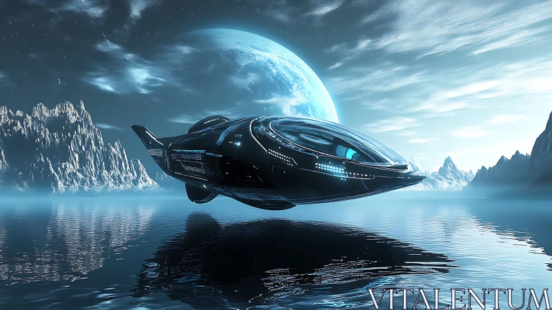 Futuristic starship glides above icy alien ocean under moon