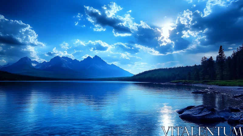 Blue mountain lake at sunrise under dramatic clouds.