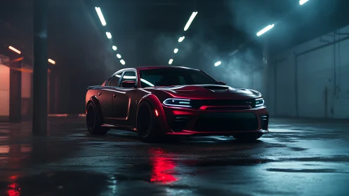 Midnight red muscle car stalks neon-lit industrial silence.