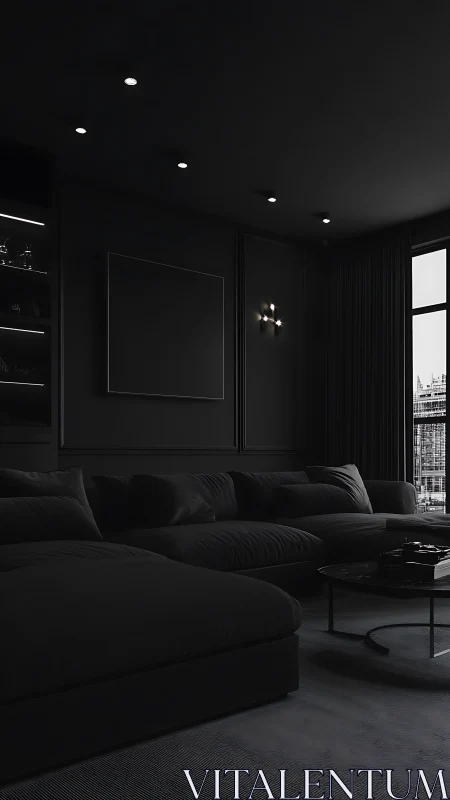 Monochrome lounge interior with low-key architectural lighting.