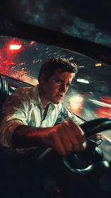 Midnight rainstorms chase a tense driver through neon streets