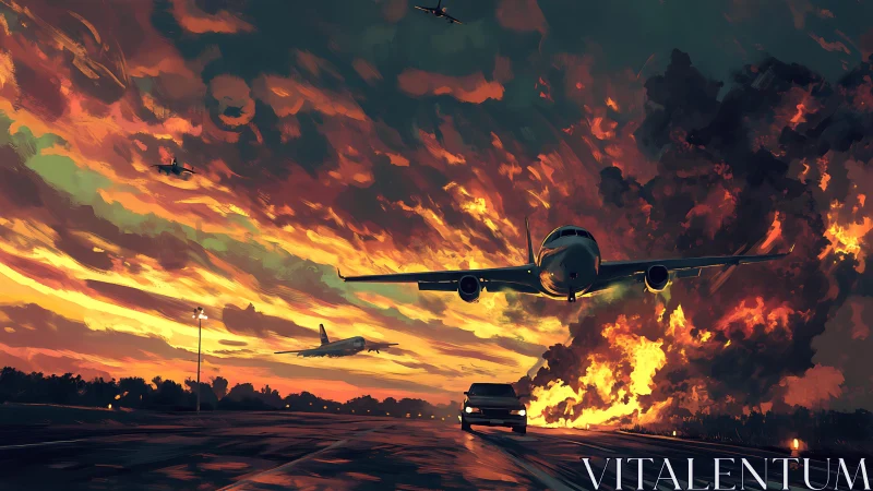 Aviation Crisis: Commercial Aircraft Over Burning Landscape