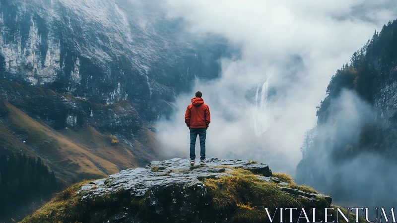 Hiker stands on misty cliff edge above foggy mountain valley