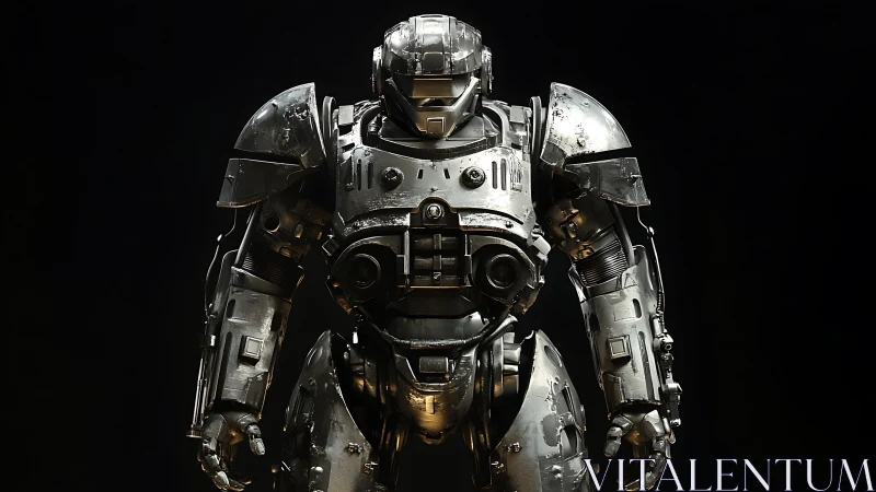 Heavily armored combat mech stands under dramatic rim light