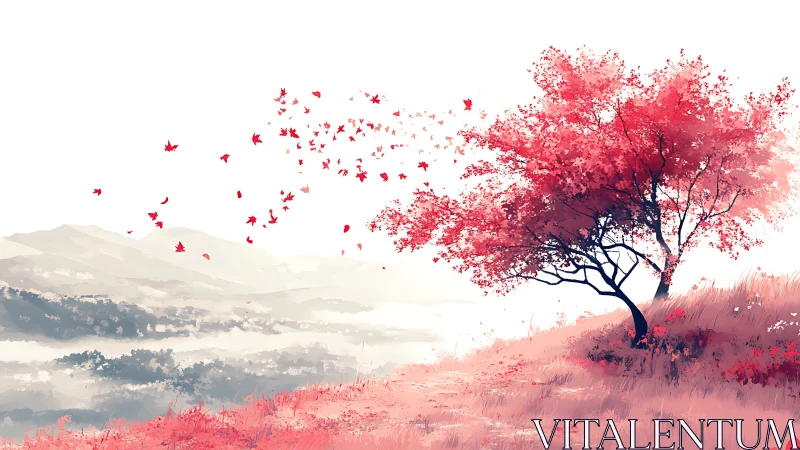 Wind-swept crimson tree disperses foliage over misty valley
