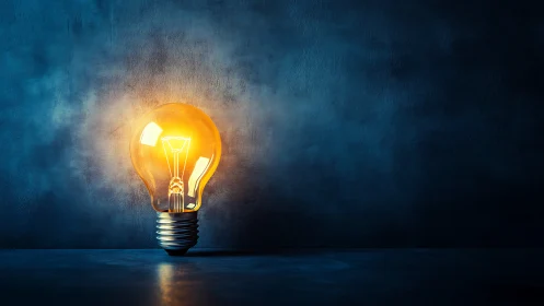 Warm glowing lightbulb shining softly in a moody blue room.