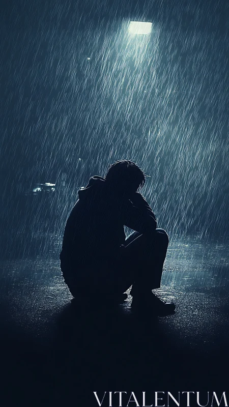 Silhouetted person crouching alone in heavy rain at night.