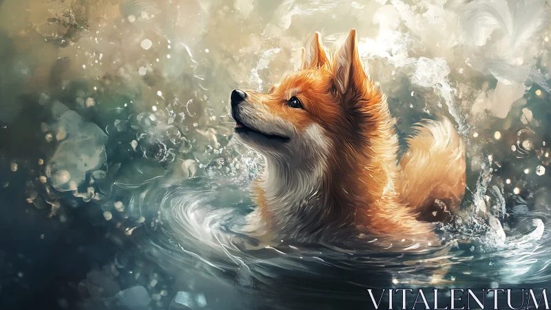Digital painting of fox dog in luminous swirling waterfield.