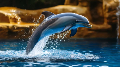 Dolphin arcs through vivid blue pool under warm golden light.