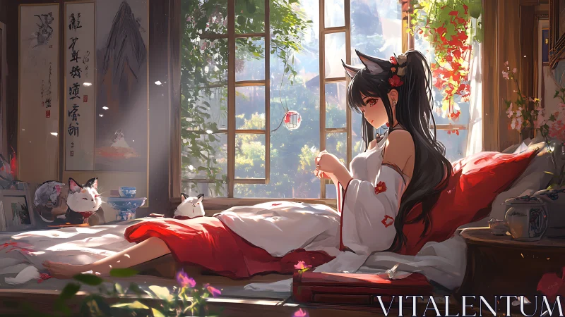 Fox-eared girl in sunlit tatami room with red-white kimono.