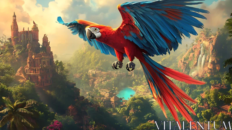 Scarlet macaw soars above mystical jungle temples at dawn