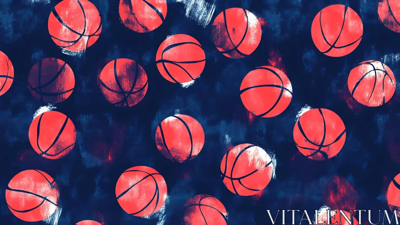 Playful coral basketballs dancing on deep night blue.