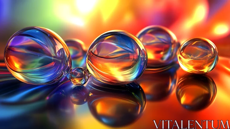 Iridescent glass orbs rest on reflective multicolor surface