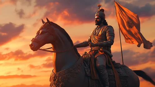 Armored warrior on horse holding orange flag at sunset.
