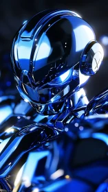 Chrome cybernetic android glows under neon blue light.