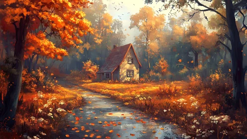 Digital painting of autumn cottage amid luminous forest path.