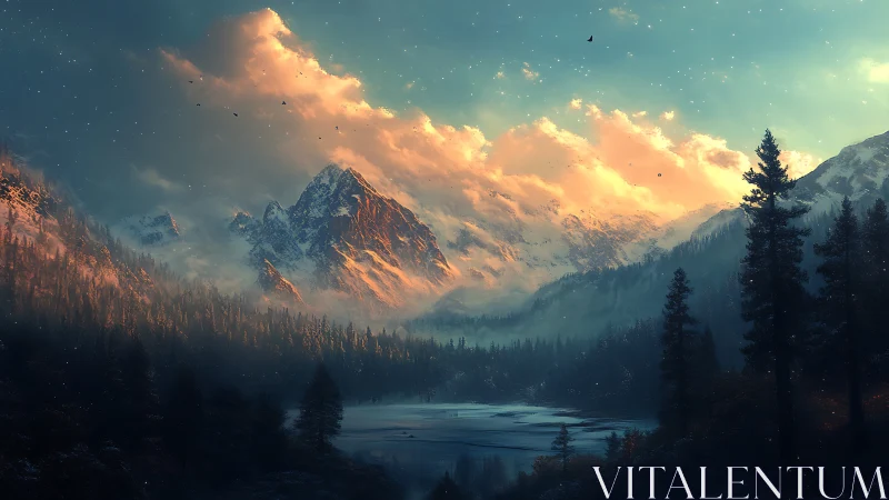 Snow-covered mountain range is illuminated by diffuse sunset light