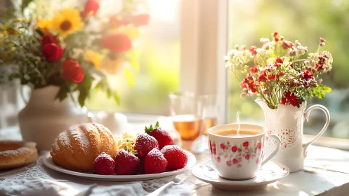 Morning tea with pastry, strawberries and floral table decor.