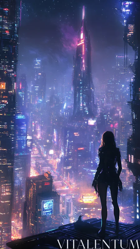 Solitary figure observing dense neon-lit future cityscape.