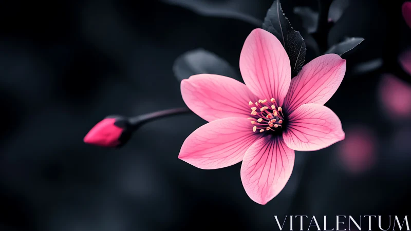 Pink flower petals display radial striations with dark bokeh backdrop.