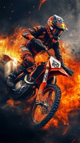 Motocross rider cuts through dynamic firestorm in vivid digital art