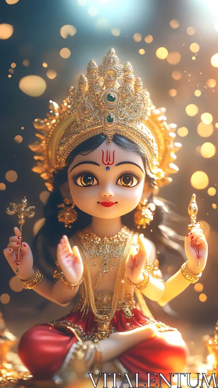 Radiant chibi goddess idol smiles softly in golden light