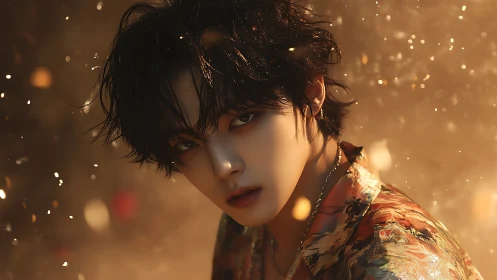 Digital portrait of youthful figure amid warm particles.