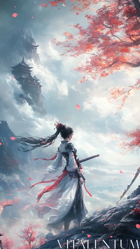 Female swordsman on misty cliff with distant mountain temples.