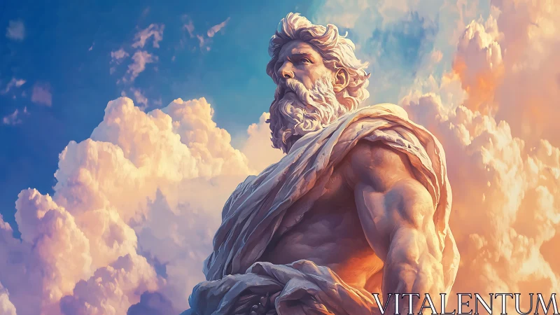 Towering mythic god stands amid glowing pastel clouds.