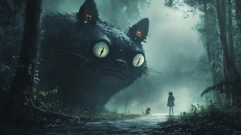 Midnight forest meeting with a gentle giant cat spirit.