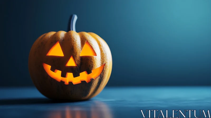 Glowing jack o lantern rests on reflective blue surface.