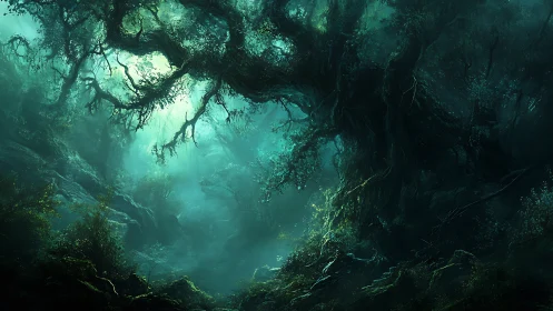 Mystical Forest Sanctuary Bathed in Ethereal Turquoise Light