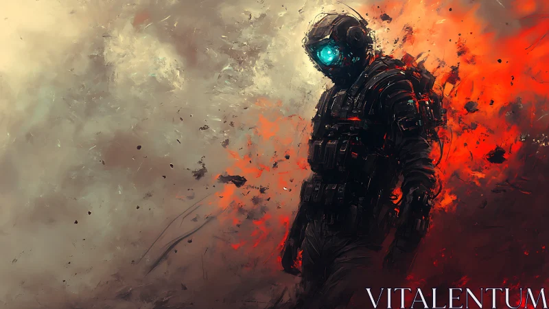 Ashwalker's Vigil: lone cyber soldier in emberstorm silence.