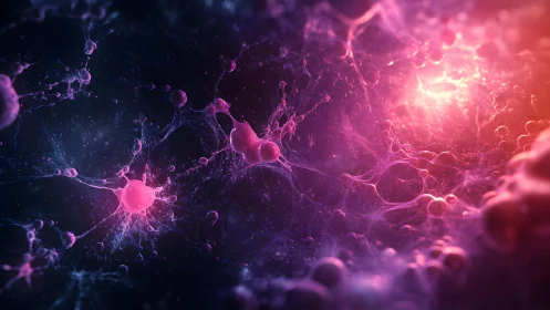 Abstract neural network illustration with glowing purple and pink neurons.