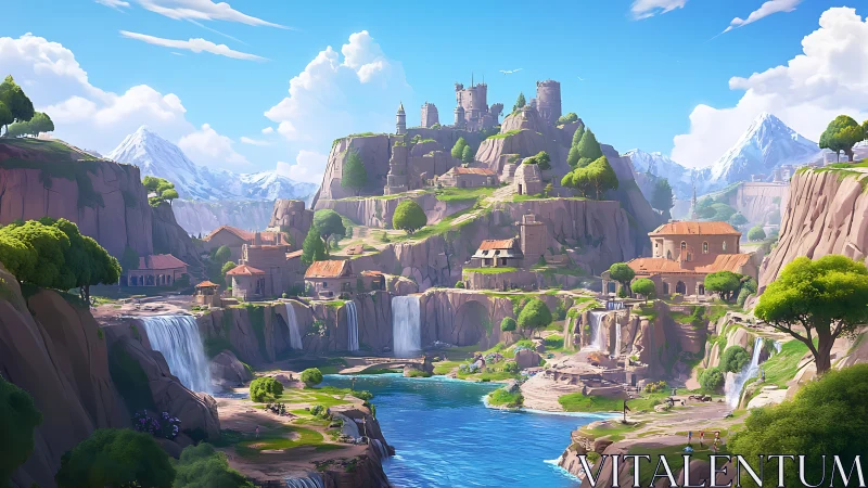 Sunlit cliff kingdom cradled by waterfalls and blue lagoons.