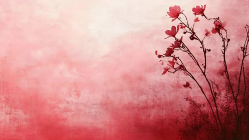 Red blossoms bloom against gradient pink backdrop.