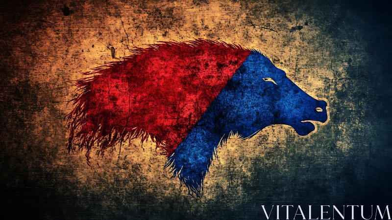 Stylized bison head silhouette in red and blue profile.