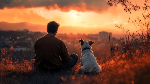 Quiet hillside sunset shared by a man and his dog.
