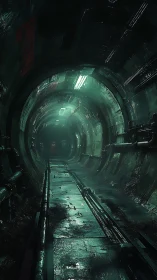 Industrial tunnel corridor with green overhead lighting.