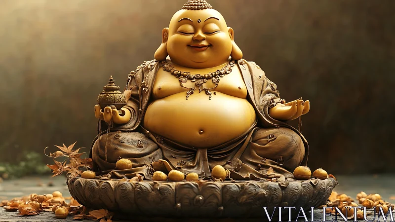 Golden seated Buddha statue amid autumn leaves on base.