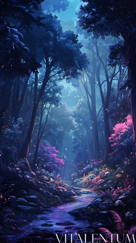Enchanted Forest Stream Glowing with Mystical Blue and Pink Light