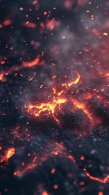 Burning coal and embers with dispersed glowing particles