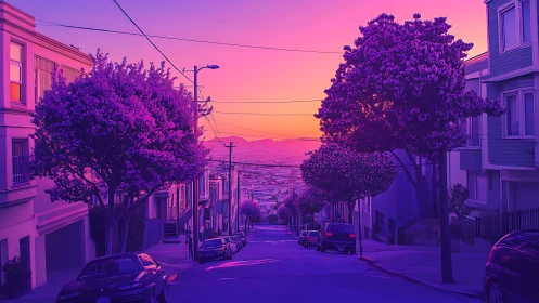 Neon dusk pours over a quiet downhill city street dream.