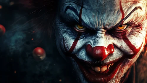 Sinister clown close-up with cinematic horror lighting.