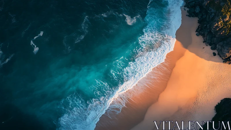 Sunlit shoreline with turquoise surf viewed from above.