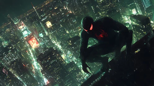 Stealth hero crouches above neon soaked rainy cityscape