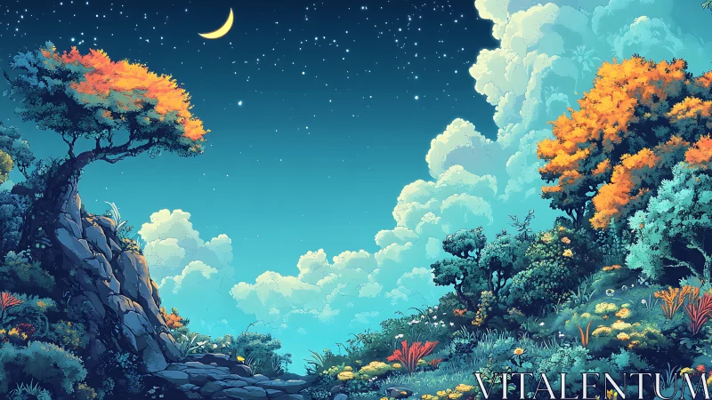 Crescent moon illuminates vibrant fantasy hillside forest